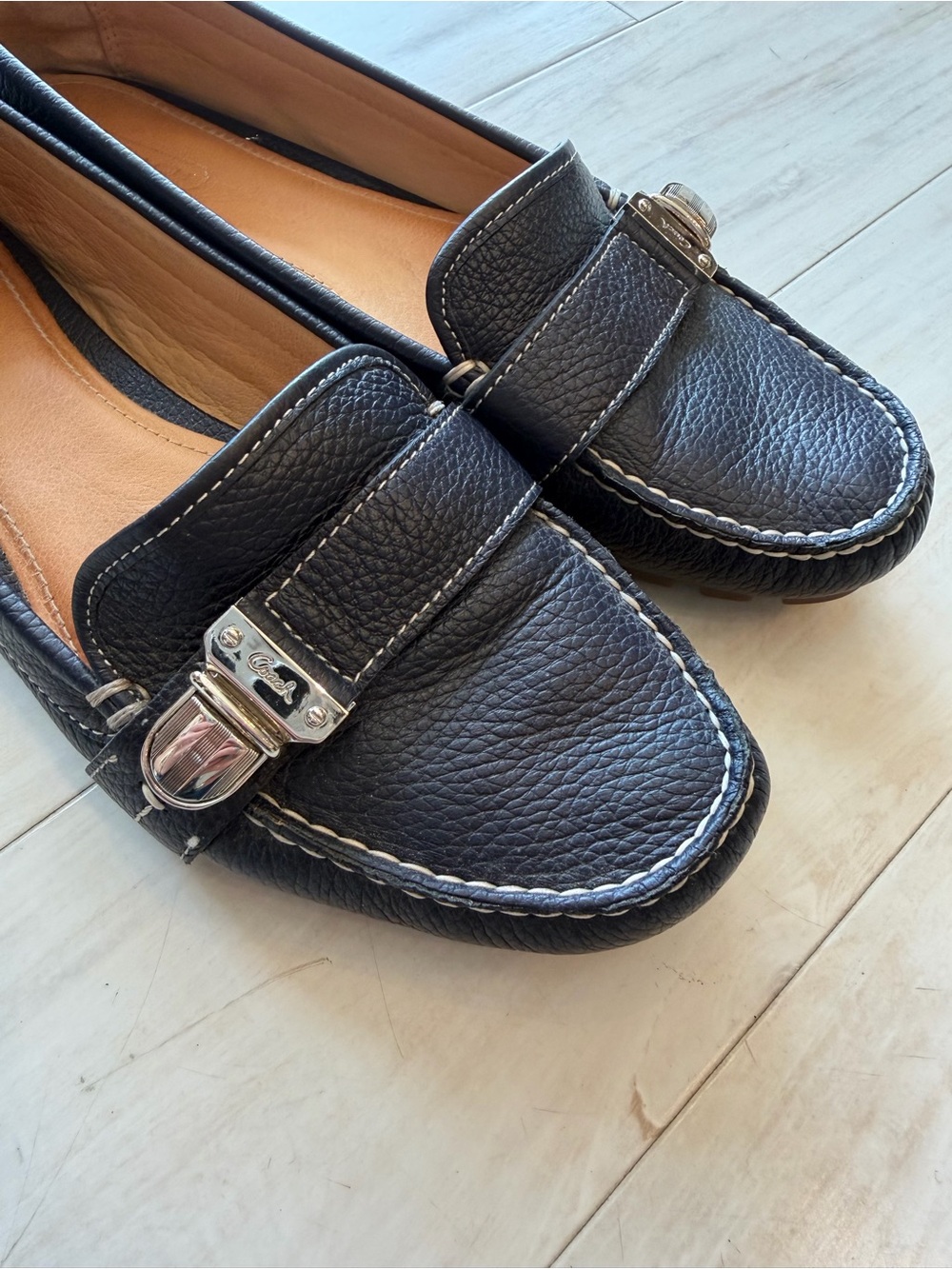 Women's Coach Black Leather Loafers with Metal Accent - Picture 4 of 5
